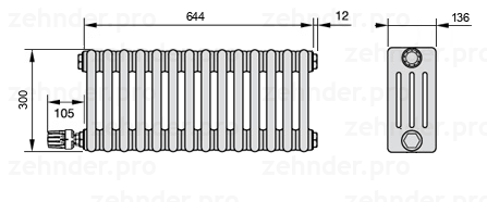 Схема (чертеж) Радиатор Zehnder Charleston 4030/14 №V003 Белый глянцевый RAL 9016